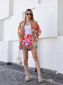 Women's 2 Pc Set (Kimono + Short Skirt), Print - Flowers, Leaves, Birds. . Crepe Fabric, One Size Fits 42, National Shipping, Promotion Day 11.11 Day 12.12 Refresh Your Summer, - 米色 - 查看 7