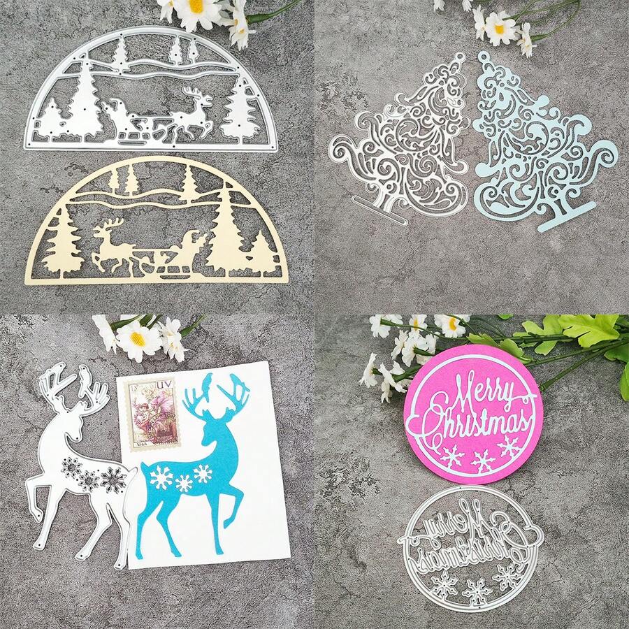 1pc Metal Carbon Steel Christmas Theme Cutting Die Set For DIY Crafting, Including Christmas Tree, Deer, Santa Claus Riding Sleigh, And "Merry Christmas" Round Stamping Die, For Scrapbooking, Card Making, Holiday Decoration