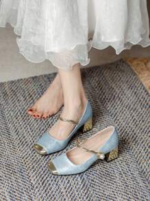 Low Heel Square Toe Embroidered High Heel Dress Shoes For Women