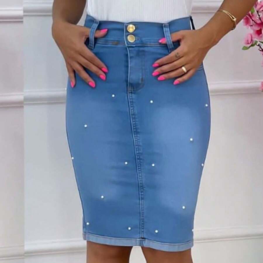 Beautiful Secretary Style Jeans Skirt With Lycra - 淺色水洗藍 - 查看 1