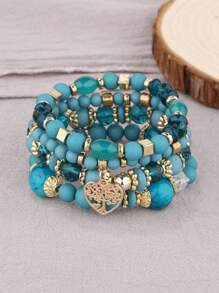 4 sztuki Boho Retro Style White Multi-Layer Pearl, Heart Pendant Women Bransoletki Zestaw