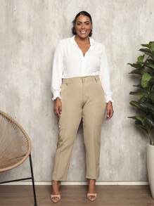 Plus Size Tailored Pants With High Waist - Beige - View 1