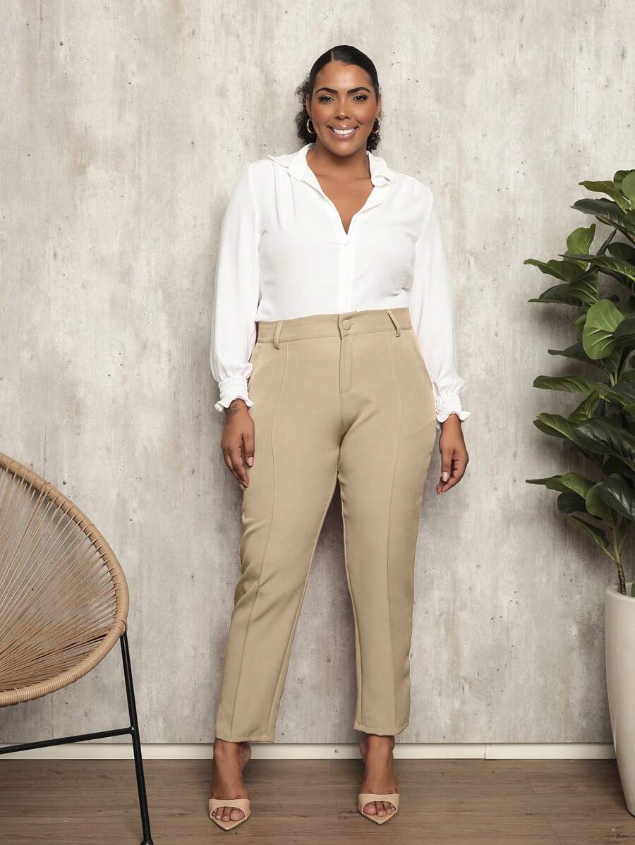 Plus Size Tailored Pants With High Waist - Beige - View 1