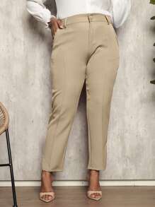 Plus Size Tailored Pants With High Waist - Beige - View 2