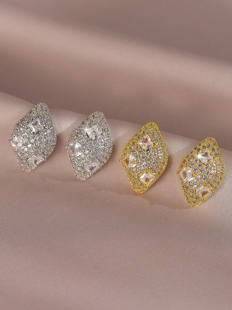 1 对时尚水钻 CZ 耳钉 女士女孩水晶耳钉 派对约会周年纪念珠宝礼物 - 菱形 - 查看 1