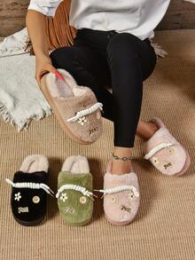 女士冬季可爱简约风格拖鞋，时尚软底舒适温暖室内家居鞋，毛绒防滑纽扣花卉装饰拖鞋 - 綠色 - 查看 1