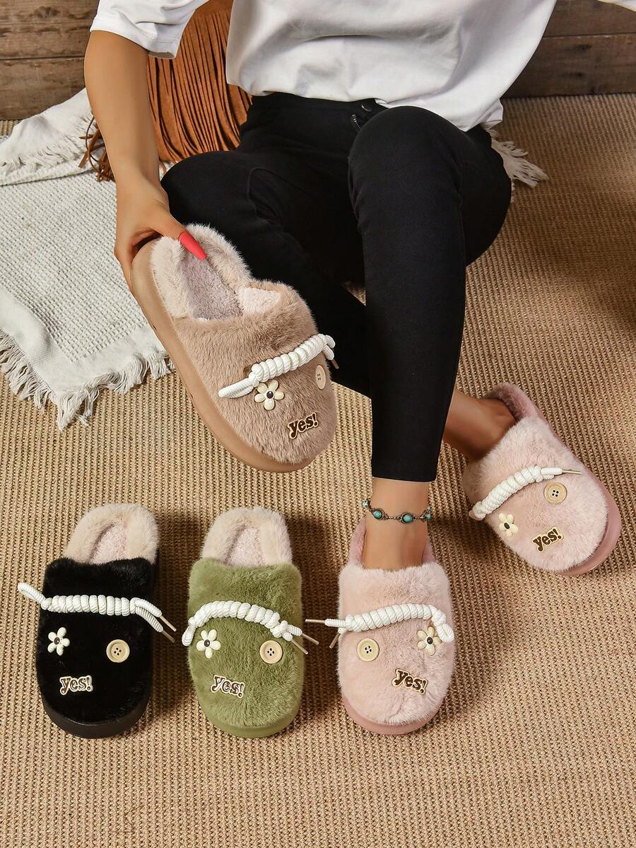 女士冬季可爱简约风格拖鞋，时尚软底舒适温暖室内家居鞋，毛绒防滑纽扣花卉装饰拖鞋 - 綠色 - 查看 1