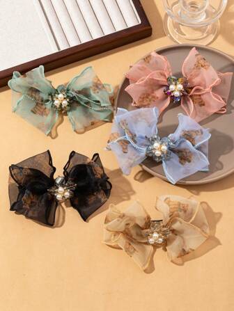 1pc Elegant Style Bear Ribbon Bow Crystal Floral Large Hair Clip Spring Clamp, Suitable For Daily Wear, Party & Holiday Gift