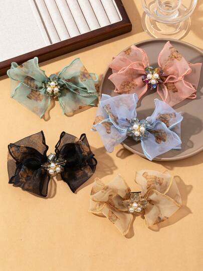 1pc Elegant Style Bear Ribbon Bow Crystal Floral Large Hair Clip Spring Clamp, Suitable For Daily Wear, Party & Holiday Gift