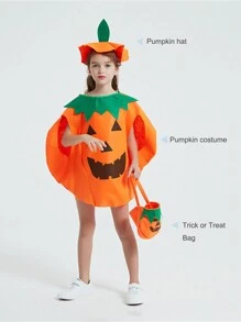 3pcs Set Pumpkin Costume - Pumpkin Hat, Trick Or Treat Bag, And Outfit For Halloween Celebrations And Performances