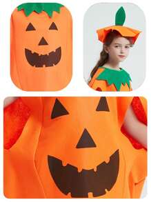 3pcs Set Pumpkin Costume - Pumpkin Hat, Trick Or Treat Bag, And Outfit For Halloween Celebrations And Performances