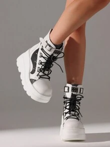 Stunning Goth Chic Platform Ankle Boots Chunky High Heel, Round Toe, Lace Up, Combat Style, Motorcycle Wedges For Women - 白色 - 查看 1