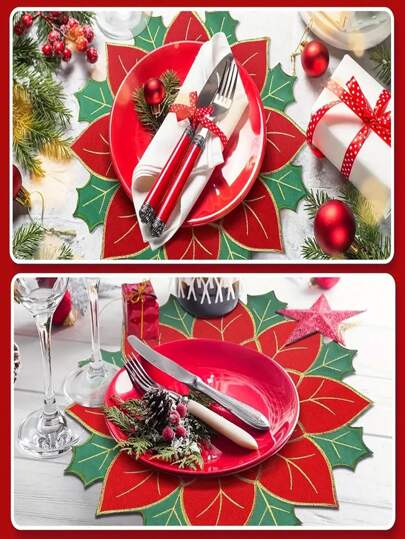1pc Christmas Embroidered Poinsettia Table Mat, Holiday Party Decor Placemat, Coaster, For Christmas Dinner Table Center Decoration