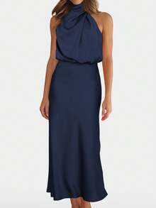 優雅垂褶純色女士連衣裙