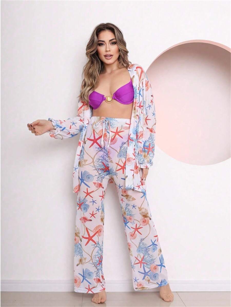 conjunto blusa e calça feminina de praia saida de praia tule estampado - branco concha - Visão 1