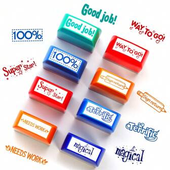 8 件套自印激励印章套装，带储物托盘，适用于课堂或家庭学校教师反馈、返校、学校用品