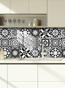 10 pièces Autocollant mural imitation carreau céramique imprimé de motif floral en PVC, papier peint autocollant en mosaïque DIY, décoration murale imperméable anti-saleté pour la cuisine, la salle de bain et le salon