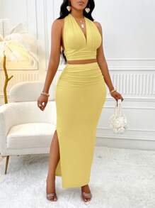 Solid Color Deep V-Neck Backless Tied Cropped Vest Top&Slim Pleated Side Slit Long Skirt,Fashionable Two Pieces Set - Yellow - View 3