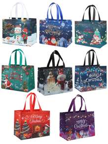 6/8 件圣诞礼品袋可重复使用无纺布袋手提包可折叠印刷和铝箔装饰，各种尺寸适用于圣诞节派对礼物、圣诞节 - 西瓜粉 - 查看 6