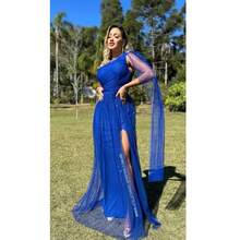 Vestido Longo Verde escuro Brilhoso Manga Solta Nula Manga Alça Unica Com fenda Rafa - Azul Royal - Visão 2