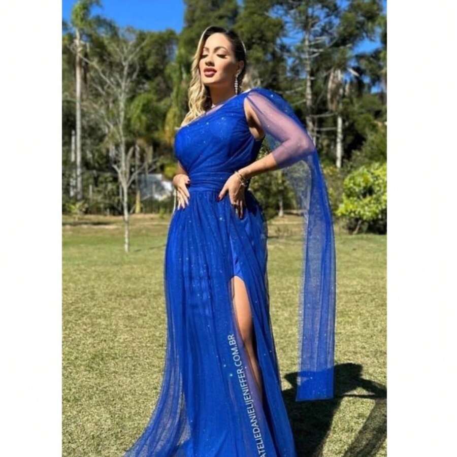 Vestido Longo Verde escuro Brilhoso Manga Solta Nula Manga Alça Unica Com fenda Rafa - Azul Royal - Visão 1