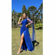 Vestido Longo Verde escuro Brilhoso Manga Solta Nula Manga Alça Unica Com fenda Rafa - Azul Royal - Visão 3