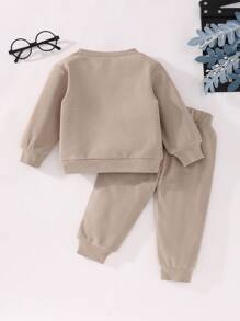 男婴 2 件套华夫格运动衫和裤子套装，休闲长袖套装，春秋装 - 摩卡棕 - 查看 2