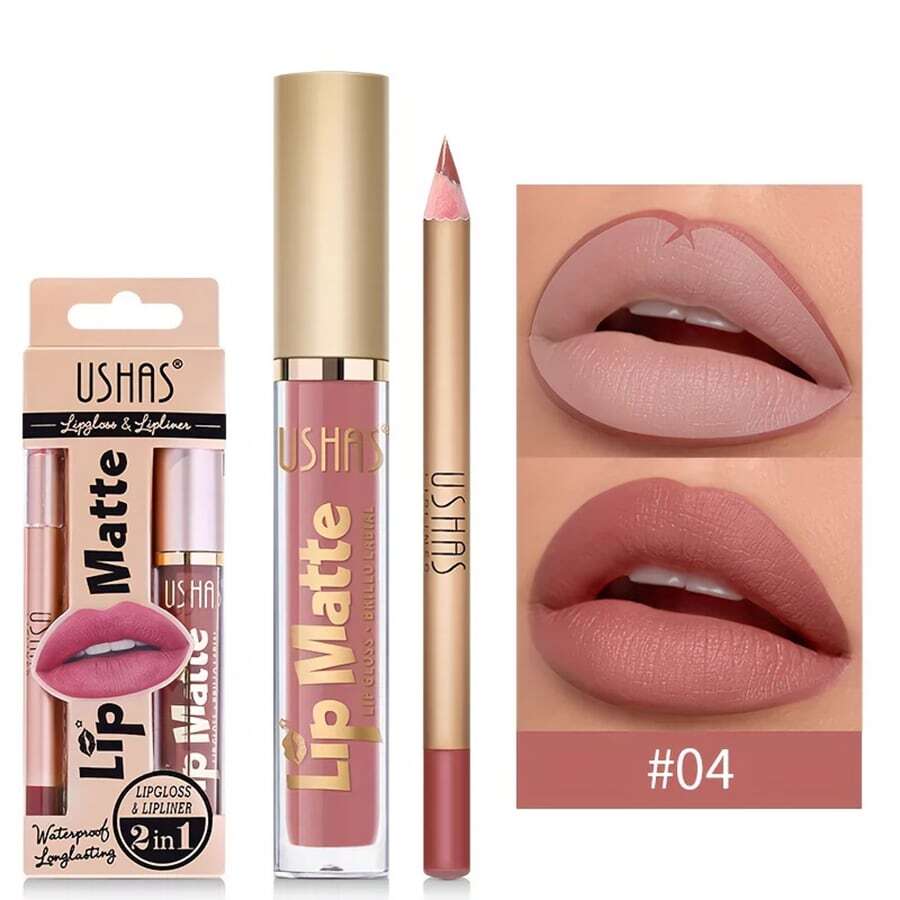 Set Of 2 Lip Glosses And Lip Liner For A Matte Moisturizing Effect - #04 - Xem 1