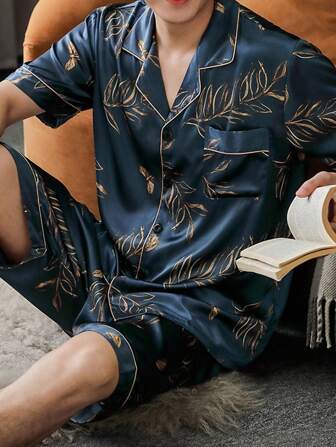 Two Pieces Sets For Men's Pajamas Spring And Summer Short Sleeved Shorts Leaf Pattern Printed Home Clothes Sleepwear Set
