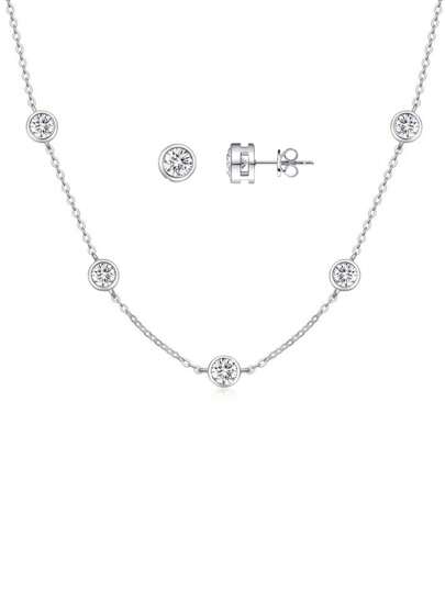 1 Paio set di collana choker e orecchini in argento sterling 925 con zirconia cubica rotonda 5A lucida, accessori quotidiani per matrimonio/festa/fidanzamento