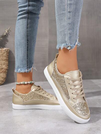 Sneakers casual da donna con glitter dorati, scarpe da skate piatte per studenti, scarpe da running