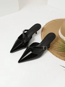 Women's Fashion Flared Kitten Heel Pointed Toe Closed-Back Slippers Sexy Mules Stilettos Black Pumps