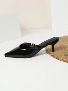 Women's Fashion Flared Kitten Heel Pointed Toe Closed-Back Slippers Sexy Mules Stilettos Black Pumps