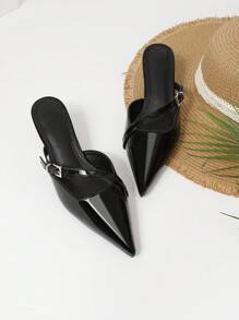 Women's Fashion Flared Kitten Heel Pointed Toe Closed-Back Slippers Sexy Mules Stilettos Black Pumps