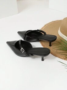 Women's Fashion Flared Kitten Heel Pointed Toe Closed-Back Slippers Sexy Mules Stilettos Black Pumps