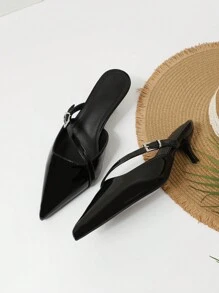 Women's Fashion Flared Kitten Heel Pointed Toe Closed-Back Slippers Sexy Mules Stilettos Black Pumps