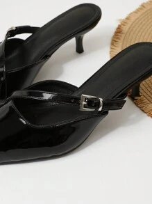 Women's Fashion Flared Kitten Heel Pointed Toe Closed-Back Slippers Sexy Mules Stilettos Black Pumps