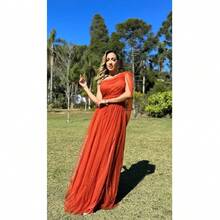 Long Dark Green Shiny Dress Loose Sleeves None Sleeves Single Strap With Slit Rafa - Burnt Orange - View 1