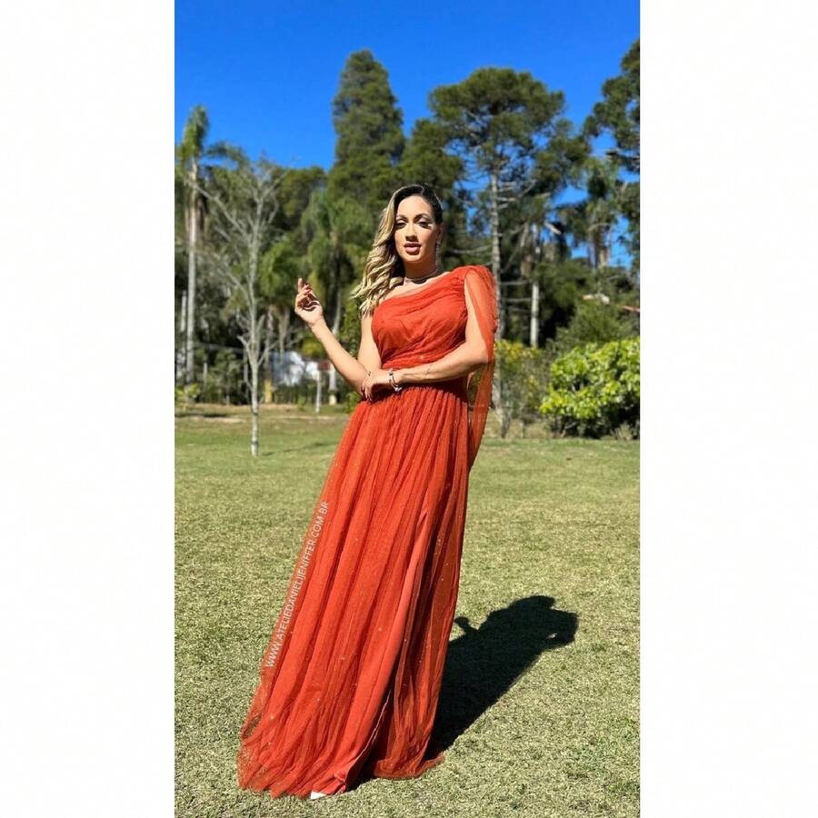 Long Dark Green Shiny Dress Loose Sleeves None Sleeves Single Strap With Slit Rafa - Burnt Orange - View 1