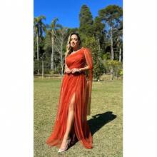 Long Dark Green Shiny Dress Loose Sleeves None Sleeves Single Strap With Slit Rafa - Burnt Orange - View 2