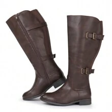 Women's Classic Extra Wide Calf Flat Knee High Tall Boots With Side Zipper Fall And Winter - 棕色 - 查看 6