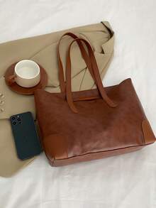 1 Stück große braune Kapazität einfache Shopper Tasche aus Kunstleder für Frauen - Braun - Übersicht 5