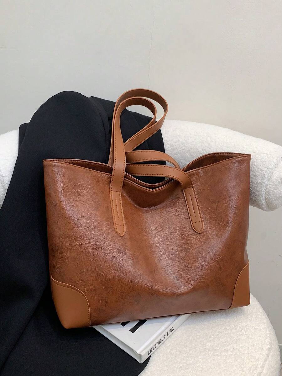 1 Stück große braune Kapazität einfache Shopper Tasche aus Kunstleder für Frauen - Braun - Übersicht 1