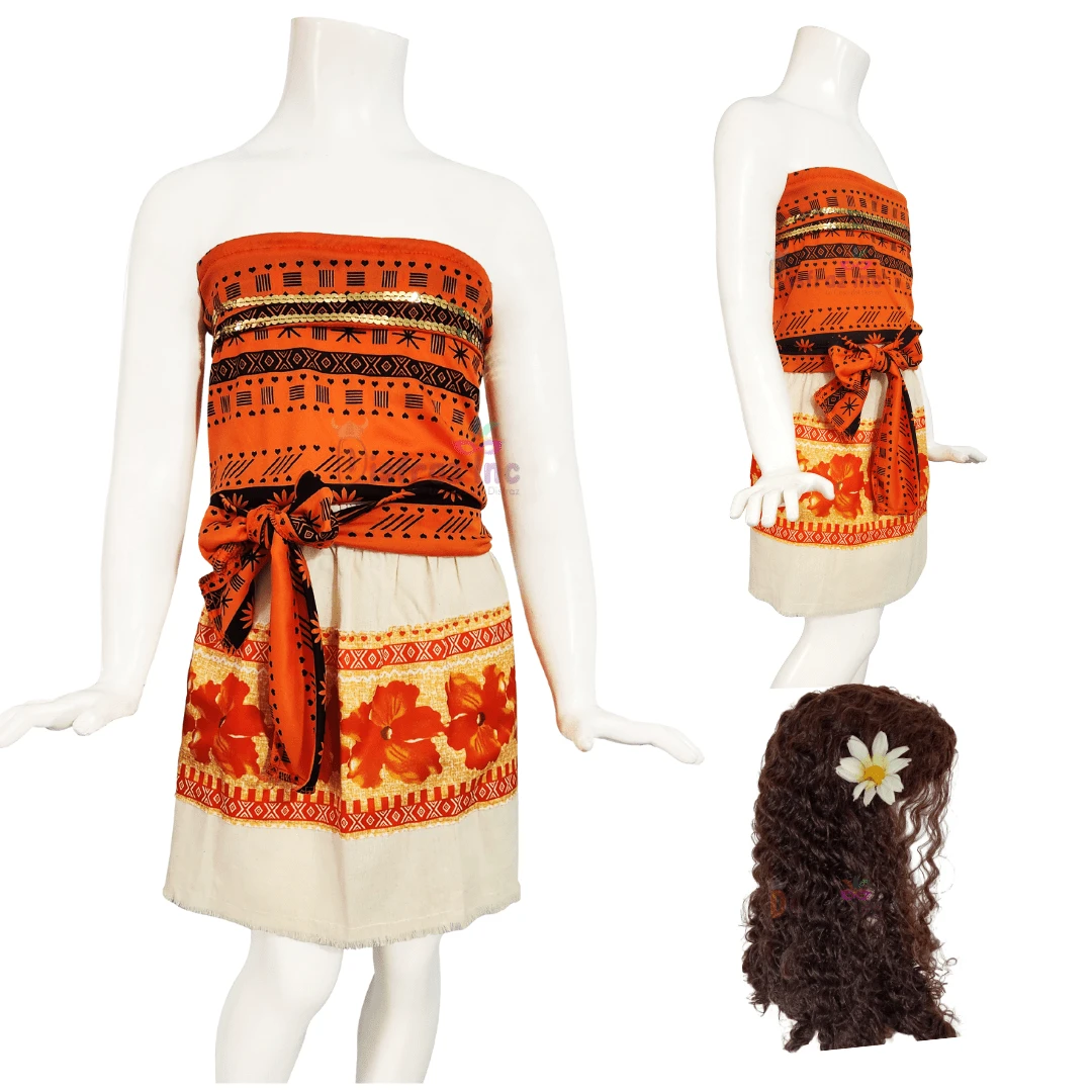 Disfraz Tipo Moanna Vestido + Peluca Cosplay Princesa Mar