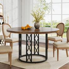 Tribesigns Round Dining Table For 4 People: 120 Cm Modern Kitchen Table With Wood Grain Surface & Metal Base, Rustic Round Table For Dining Room, Living Room, Brown & Black(Only Table) - Brown - View 1