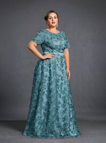 Plus Floral Sequin Mother Of The Bride Dress, Elegant Dress - Cadet Blue - View 5