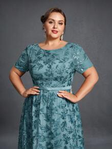 Plus Floral Sequin Mother Of The Bride Dress, Elegant Dress - Cadet Blue - View 8