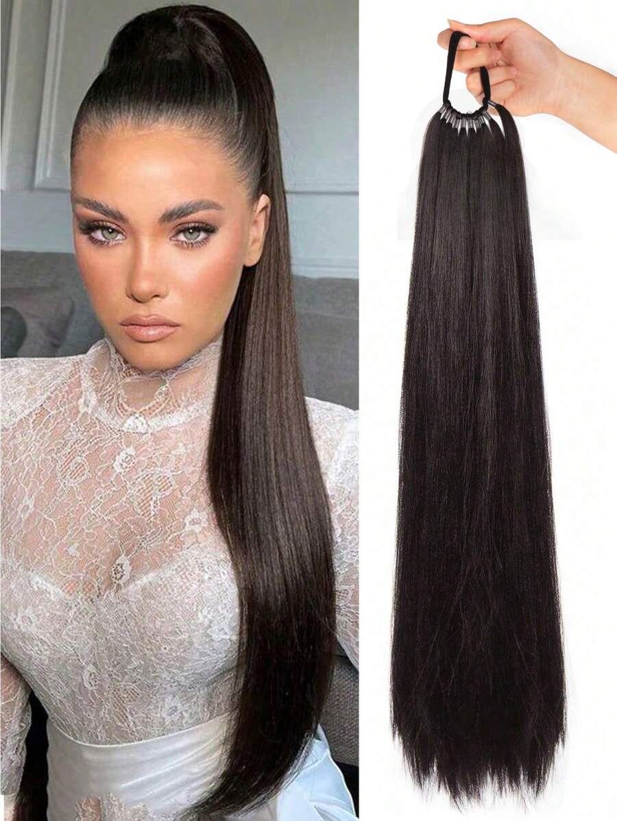 合成馬尾裝飾毛細圈頭髮辮子髮型接頭黑色金色褐色適用於女士 - 黑棕色 - 查看 1