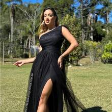 Long Dark Green Shiny Dress Loose Sleeves None Sleeves Single Strap With Slit Rafa - Black - View 2