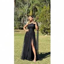 Long Dark Green Shiny Dress Loose Sleeves None Sleeves Single Strap With Slit Rafa - Black - View 3